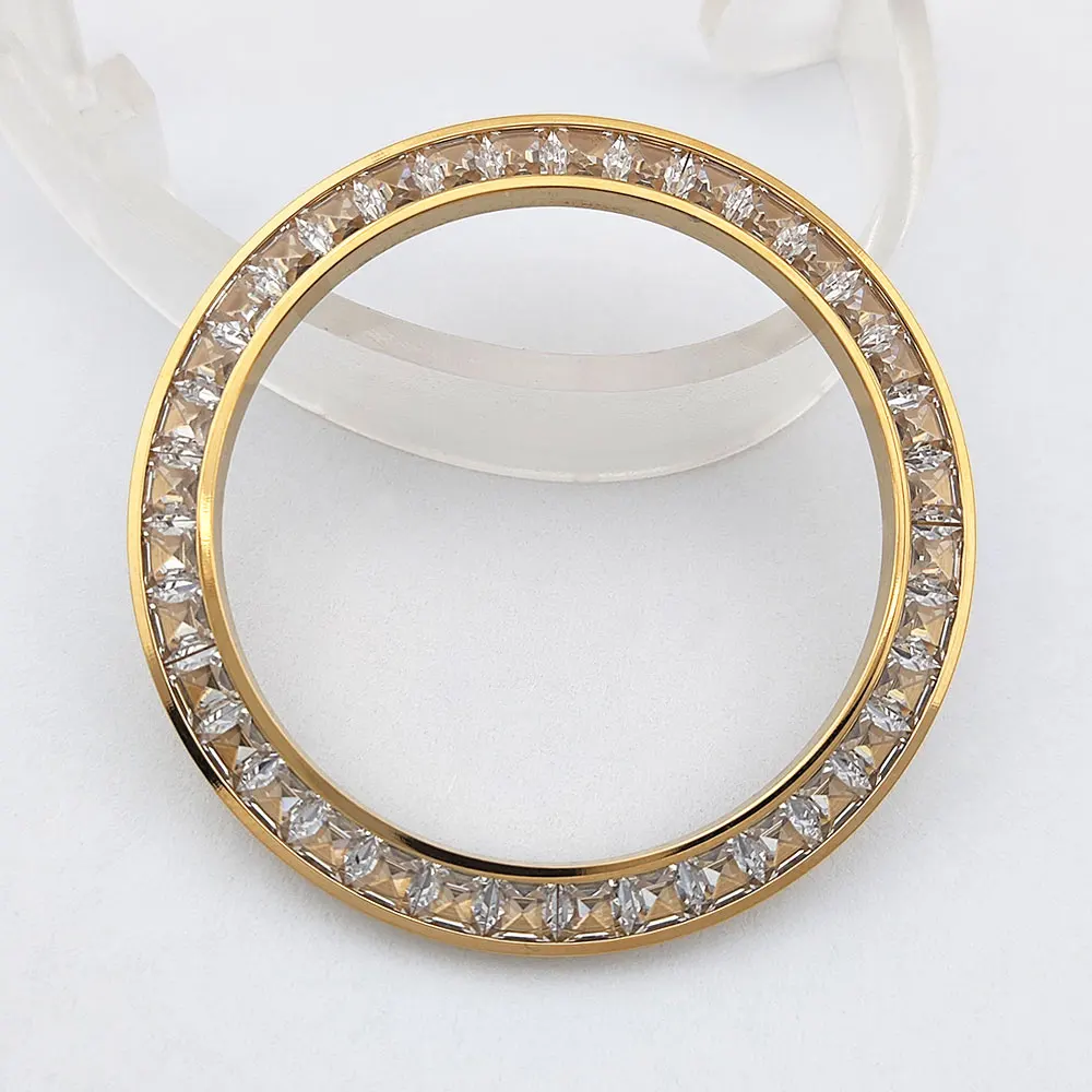Lunette diamantée de 39,2 mm x 30,8 mm avec incrustation de verre métallique inclinée circulaire de haute qualité adaptée au remplacement du boîtier VK63 watcha ccessor