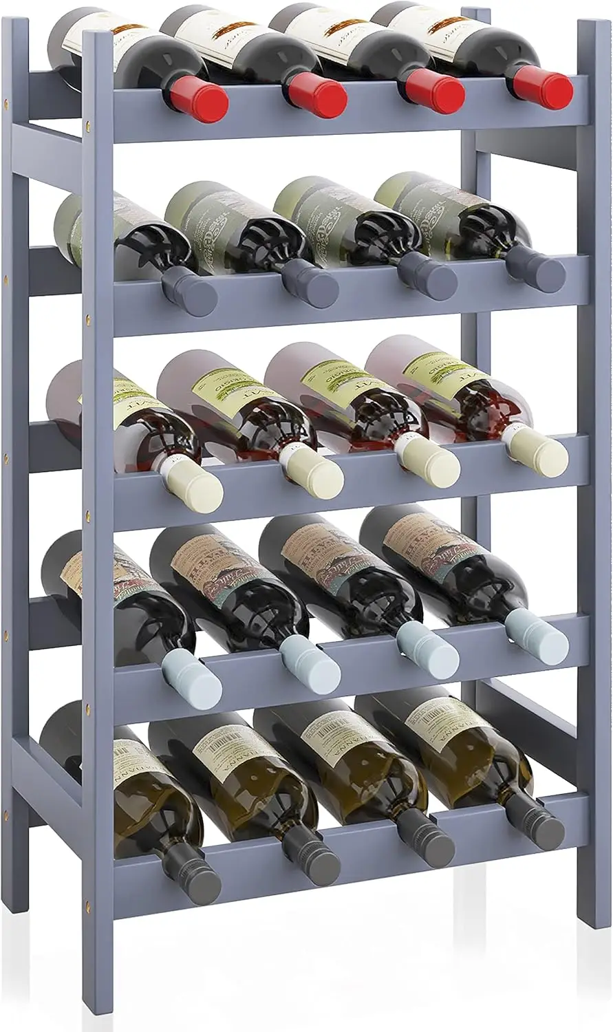 

5-Tier Bamboo Wine Rack, Holds 20 Bottles, Space-Saving Design for Kitchen or Bar in Gray