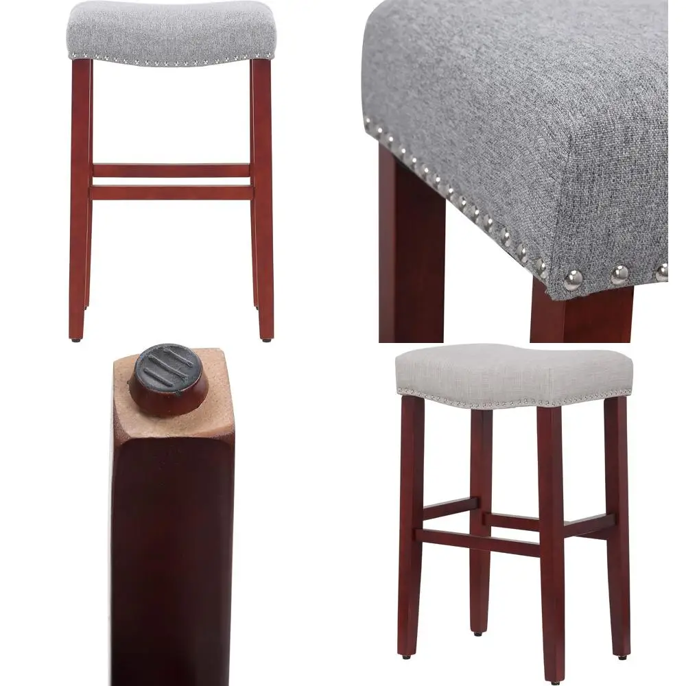 

29 Upholstered Back Swivel Bar Stool with Cherry Red Wooden Legs - Gray Kitchen Counter Height