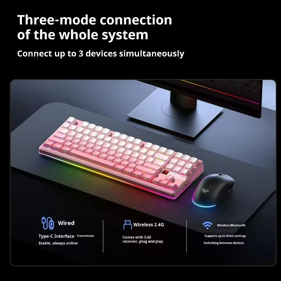 لوحة مفاتيح ميكانيكية AULA F87 Pro V2 لاسلكية ثلاثية الموديل 12000 مللي أمبير في الساعة عرض Gif مخصص مزدوج 8K 0.125 مللي ثانية قابلة للتبديل السريع RGB E-Sports Gam