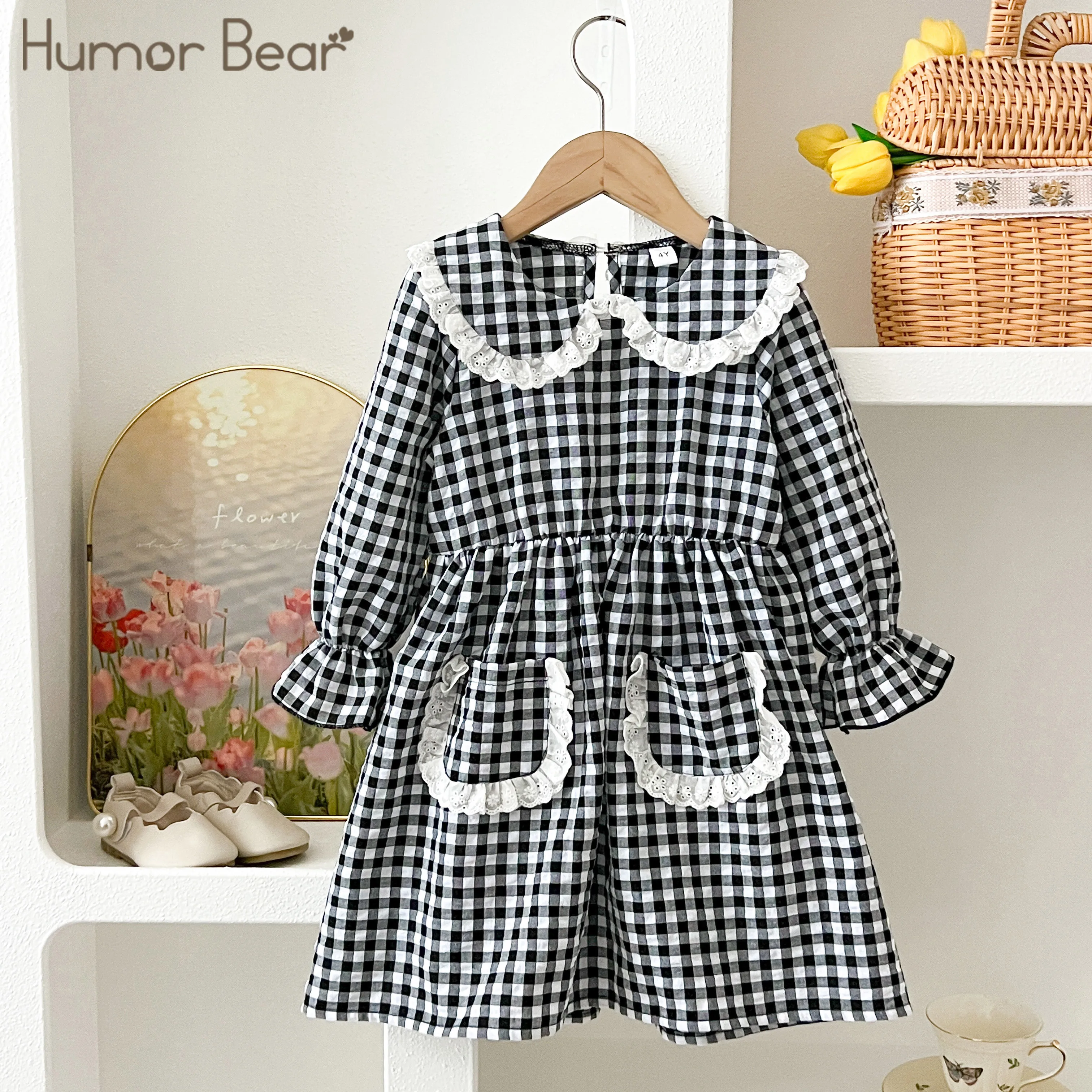 Humor Bär Mädchen Kleid Kariertes Muster Taschenmädchen Prinzessin Kleid, Koreanischer Stil Kinderkleidung