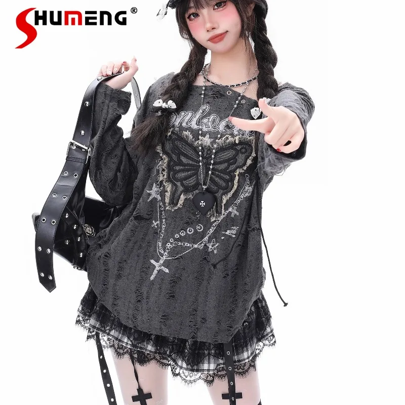 

Japanese Subculture Butterfly Embroidery Asymmetrical Long Sleeves T-Shirt For Women's Distressed Strap Design Y2k Top Pullovers