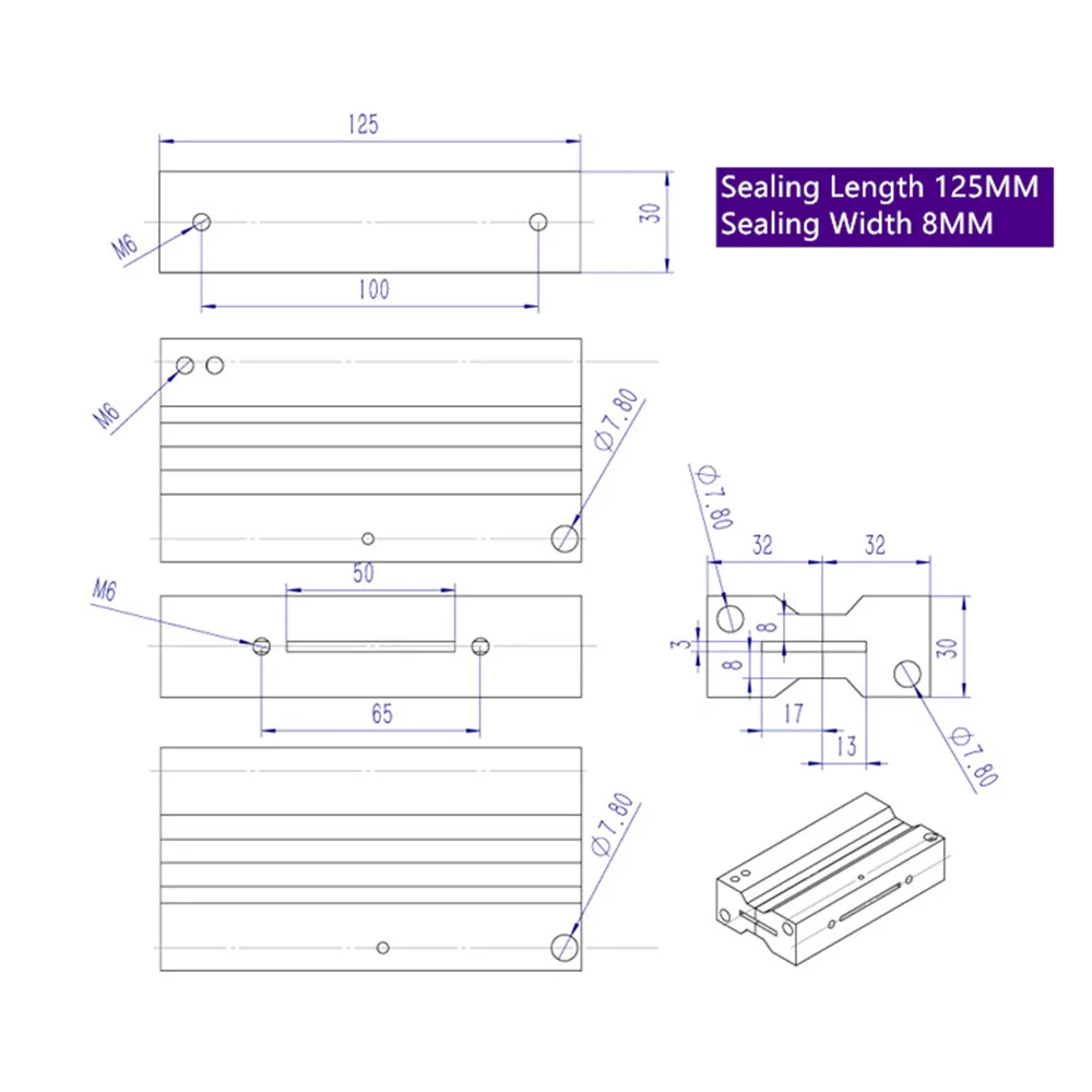 BateRpak Máquina de embalagem de saco triangular de 125 mm, vedação horizontal, bloco de aço térmico, módulo de mandíbula de vedação lateral, braçadeira de listra