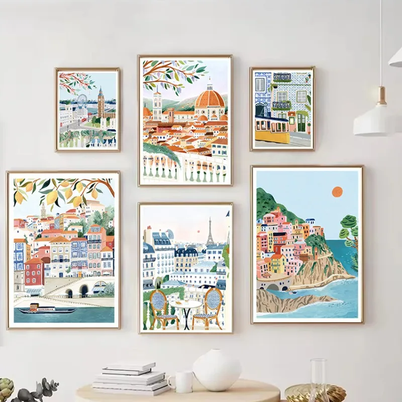 مجردة مدينة السفر الأوروبية المشهد سويسرا لشبونة باريس المشارك حائط لوح رسم الفن صور ديكور المنزل الداخلي