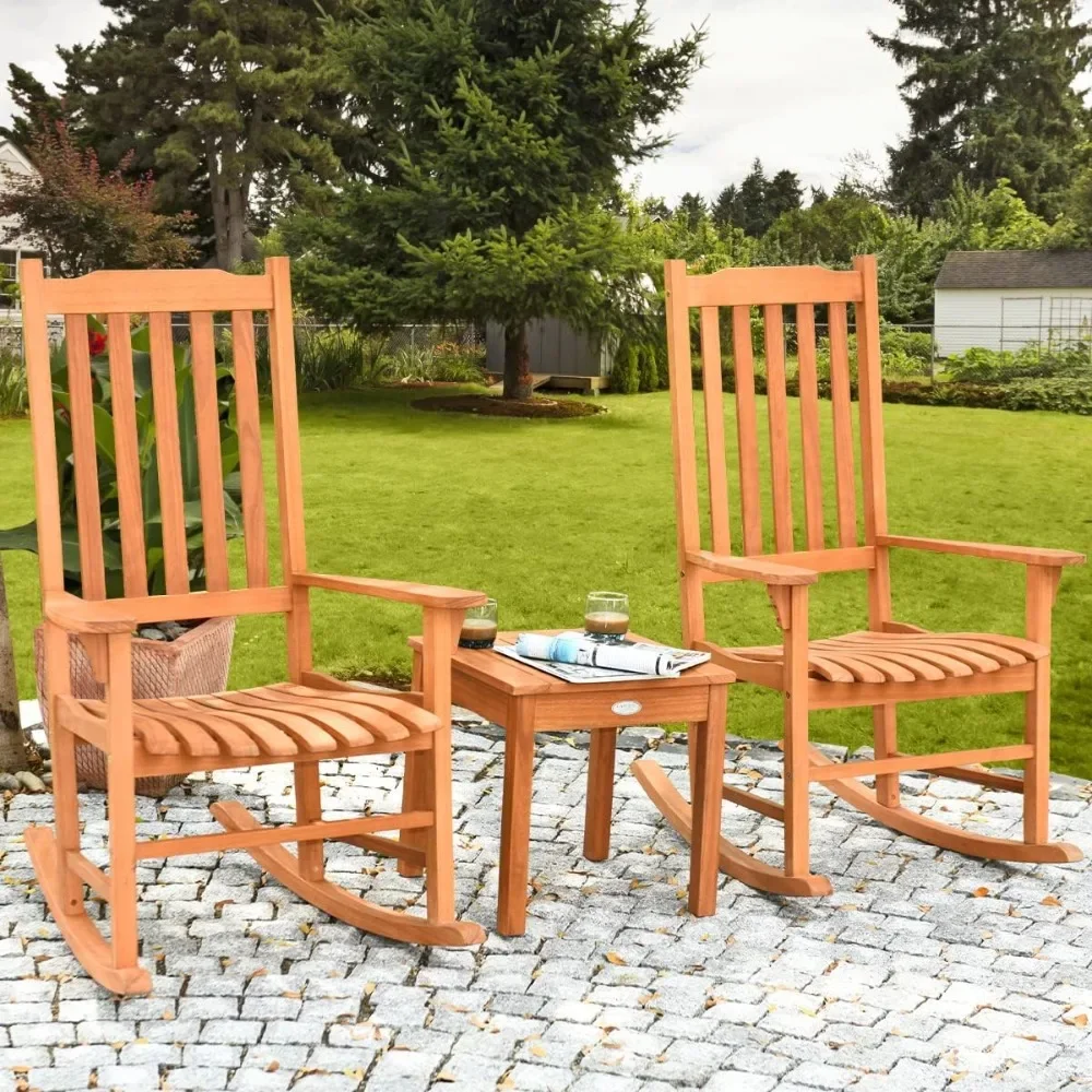 

3 Piece Patio Rocking Bistro Set,Wood Conversation Set with 2 Rockers and 1 Coffee Table, Outdoor Rocking Chair Set