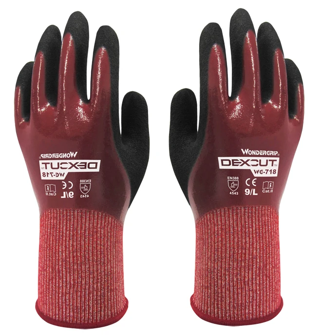 Anti Cut Resistant Work Glove Oil Proof Waterproof HPPE Fiberglass Butcher WG-718 Safety Glove Foam Sandy Nitrile EN388 4543