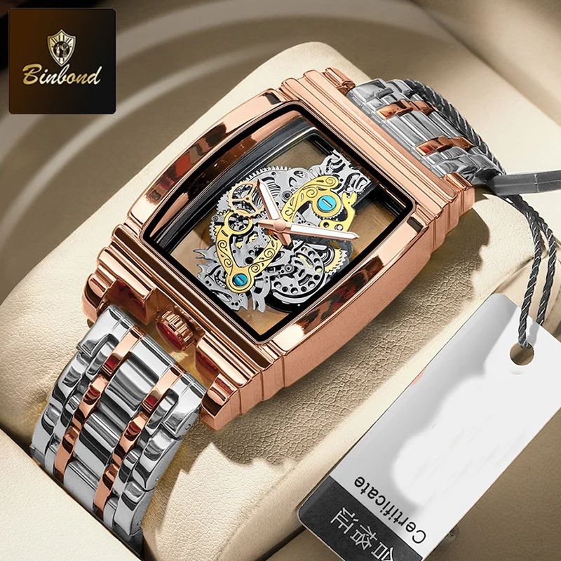 BINBOND B5011 Men Watch Fashion Wine Bucket Motorcycle Gear Strip Hollow Tourbillon Personalized Night Glow Waterproof Men Watch