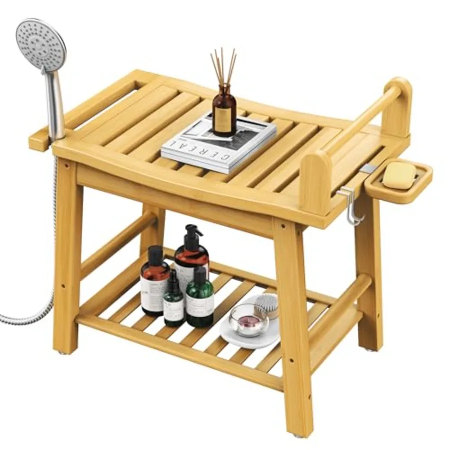 

Бамбуковая скамья для душа с 2-уровневой подставкой для ног, водонепроницаемая, с подлокотниками, усиленная, для ванной комнаты, с местом для хранения