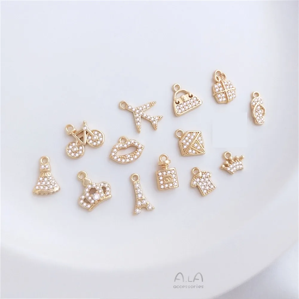 14K package gold micro-set zirconia girl travel series small charm bag perfume skirt crown diy pendant