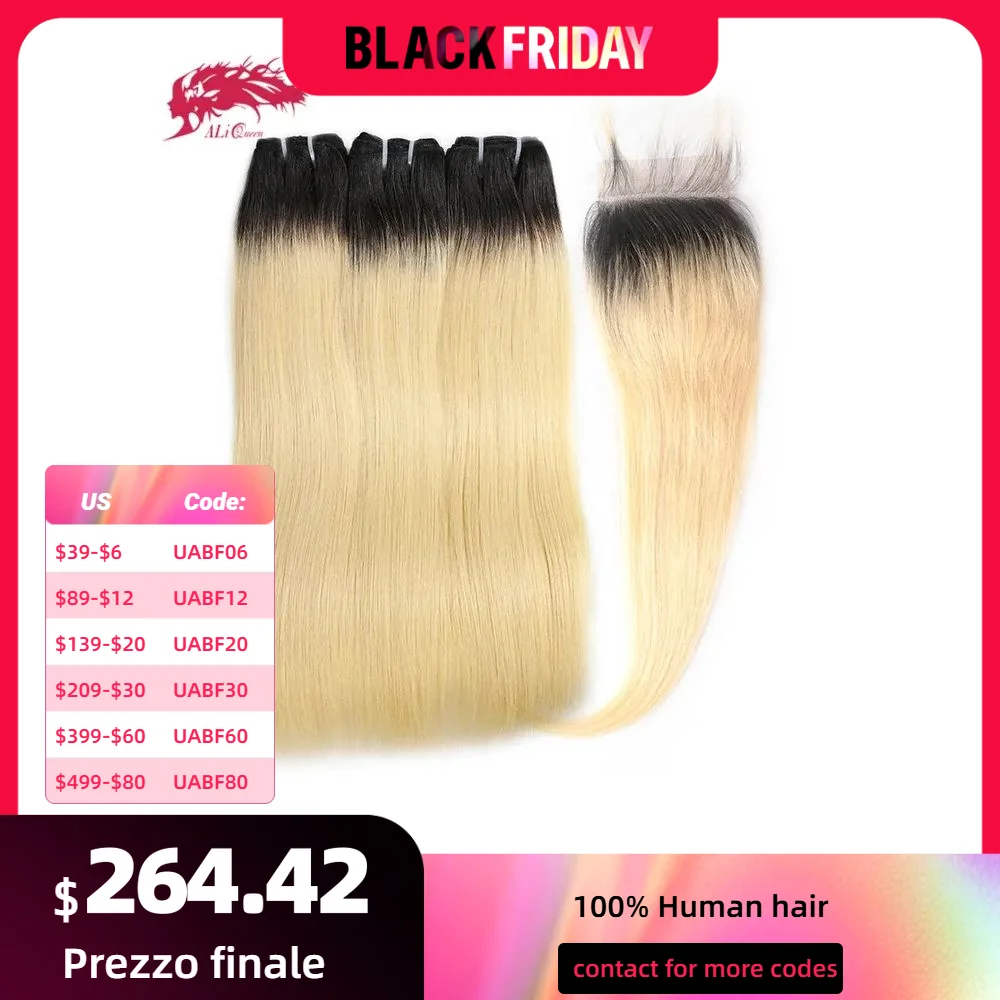 Ali Queen Hair Straight Brazilian Hair Bundles With Closure 1B/613 Human Raw Virgin Hair With 4x4 Pre-Plucked Hairline Closures