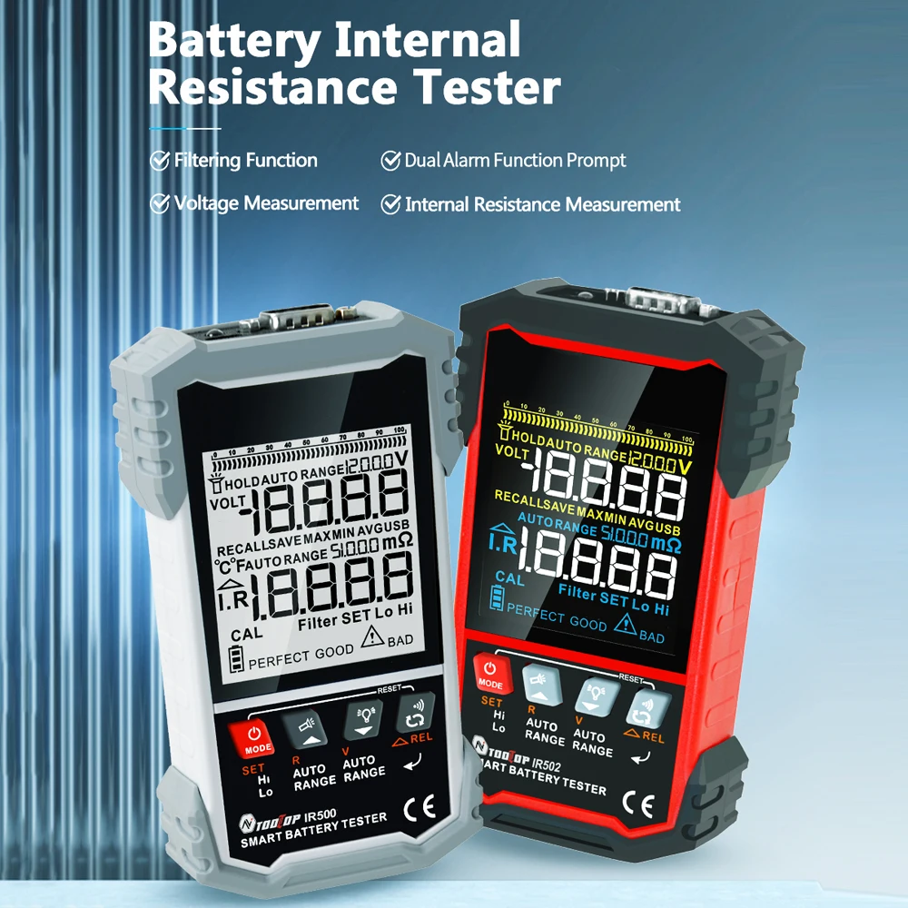 TOOLTOP IR500 IR502 Battery Internal Resistance Tester ±120V 500Ω 4-Wire Kelvin Test Lithium Nickel-cadmium Batteries Tool