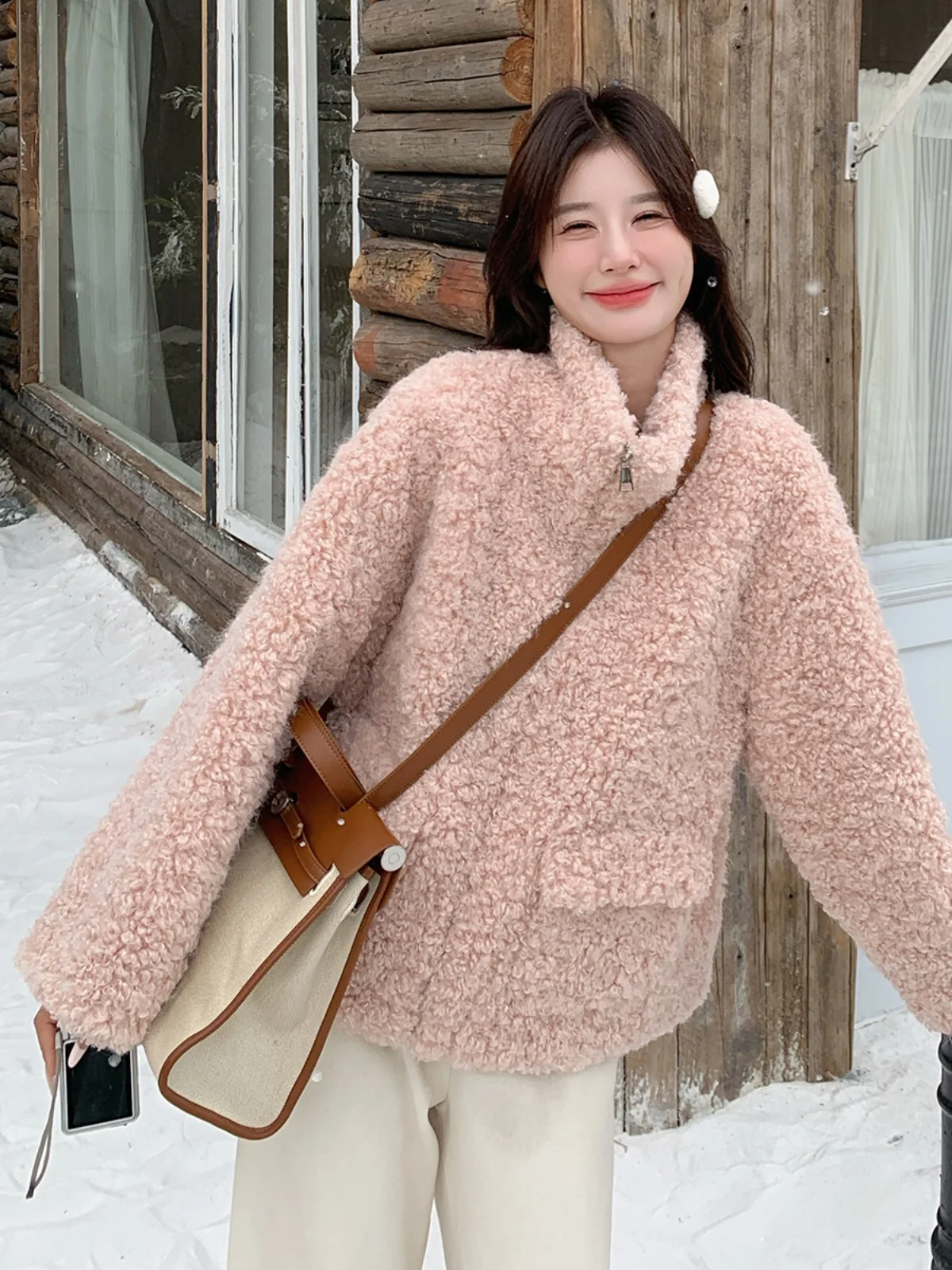 핑크 양털 자켓 여성용 테이니드 오트 코튼 코트 겨울 신상품 소형 사이즈 파티클 벨벳 가죽 및 퍼 인티메이티드