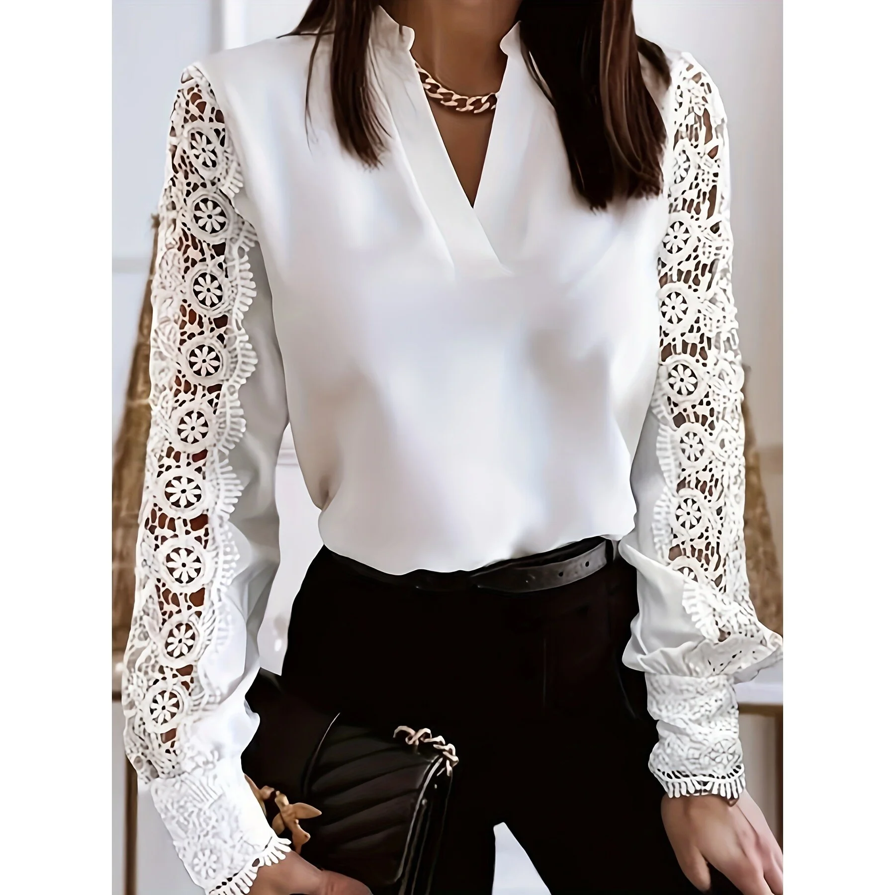 

Lace V Neck Blouse Shirt Women's Princess Sleeve Shirt Other Style Not Deformable Other Material 100% Spring 2026