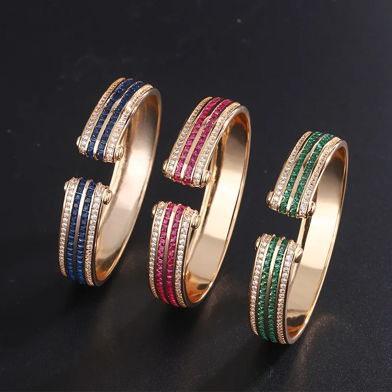 

Luxury Wedding Bangles for Women Vintage Sapphire Emerald Ruby Gold Color Cuff Bracelets Party Fine Jewelry Birthday Female Gift