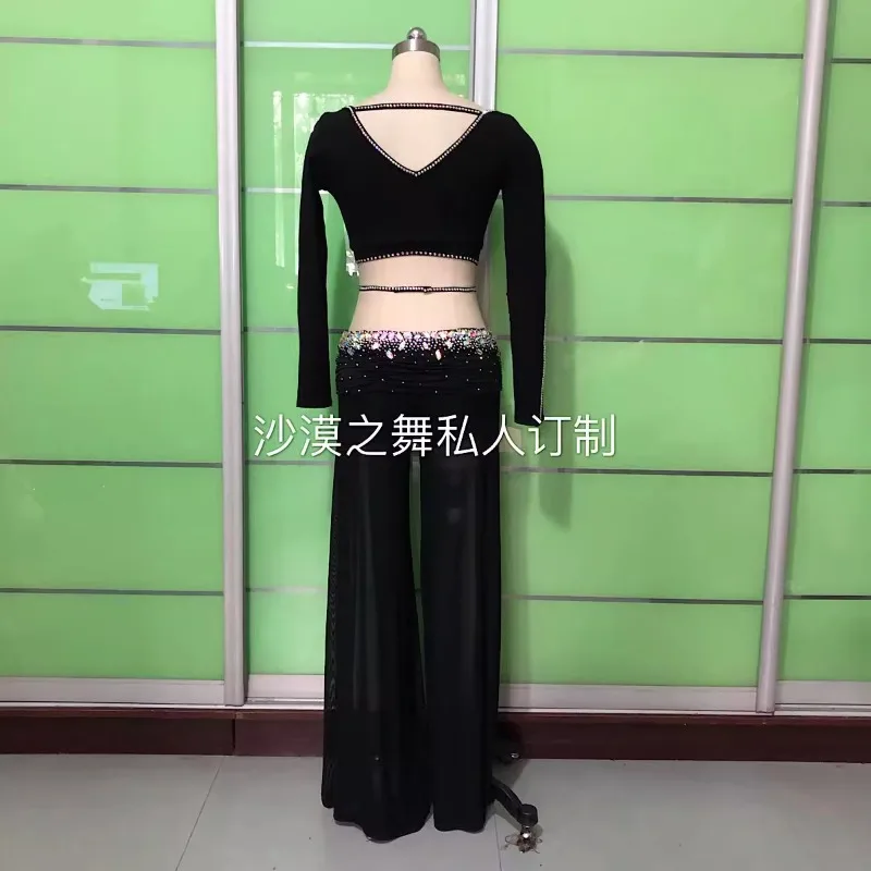 تخصيص ملابس الرقص الشرقي أداء زي الجاز السراويل السوداء مجموعة Abanicos De Seda الرقص الشرقي