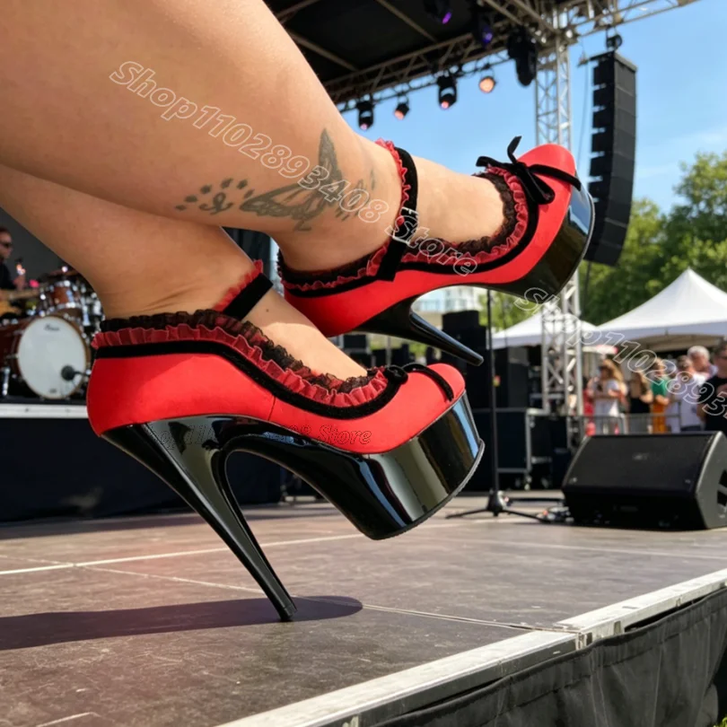 

Red Lace Trim Bowknot Platform Pumps Round Toe Stiletto Ankle Buckle Performance Stylish Women Dancing Shoes Zapatos Para Mujere