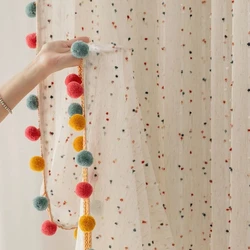 1Pair Cute Rainbow Hairball Embroidered Sheer Tulle Curtain with Pom-pom Tassels Lace For Living Room Childrens Room Home Decor