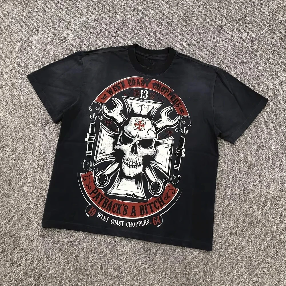 West Coast Choppers T-Shirt 2026 New West Coast Motorcycle Retro Custom Car Print Washed Distressed Short Sleeve Men's T-Shirt