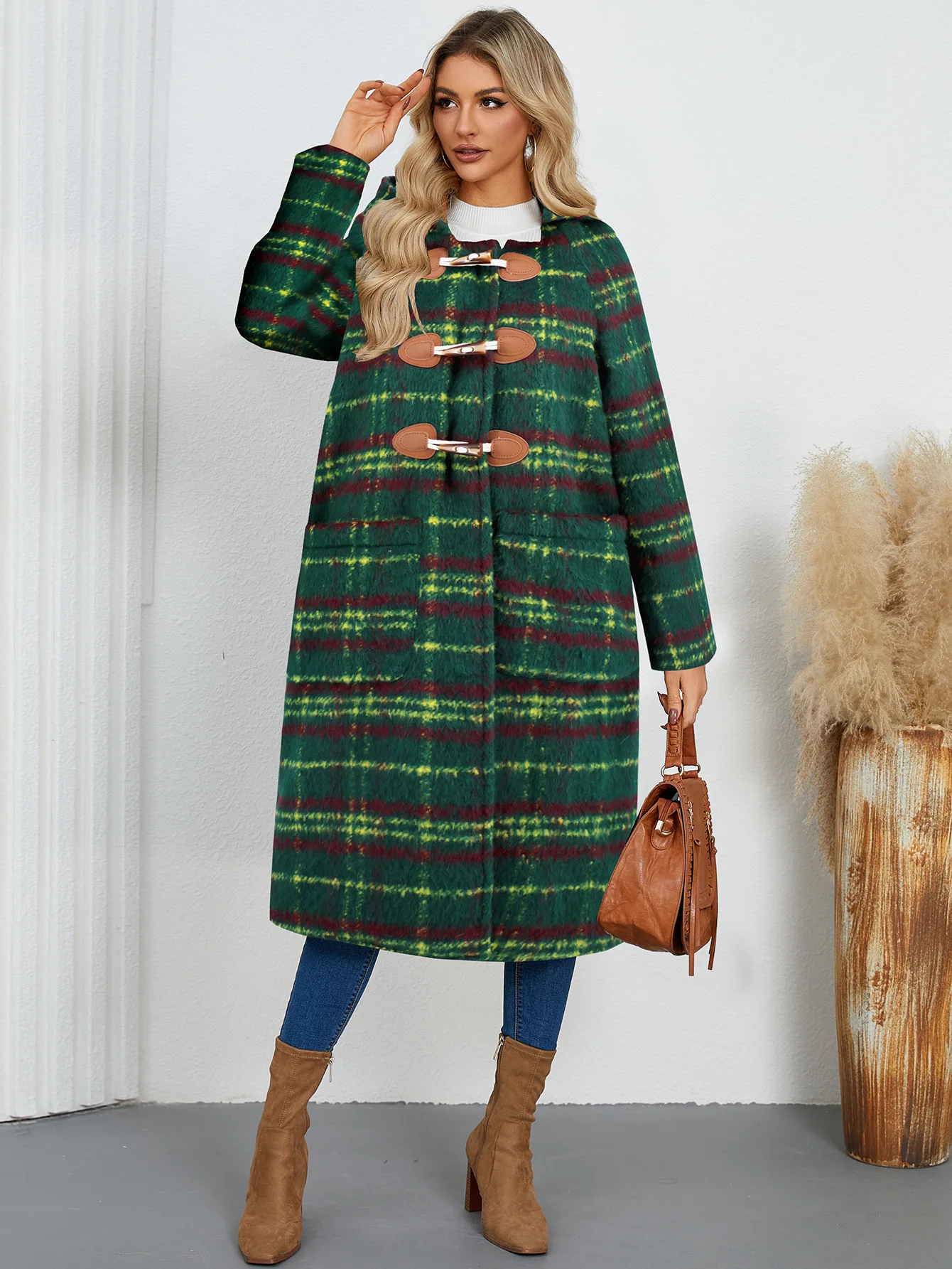 2024 winter new open-front horn button wool coat loose retro hooded warm plaid long coat