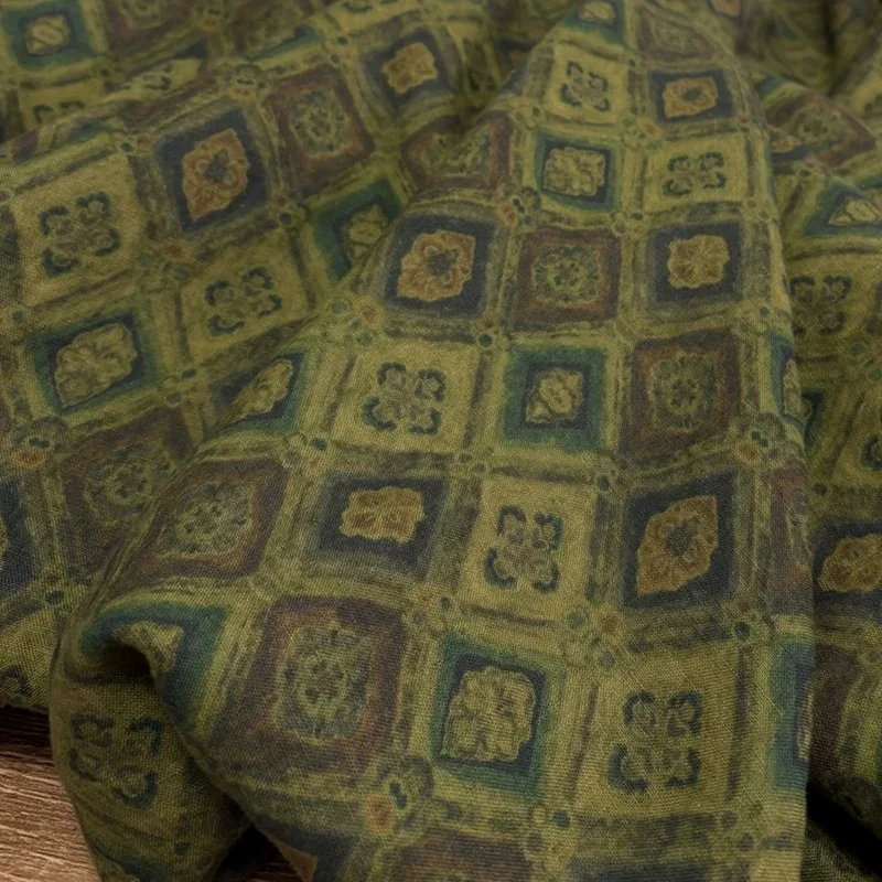 Boho Linen Cotton Fabric Olive Green Geometric Tile Medallion Vintage Lightweight for Summer Dress Skirt Sewing