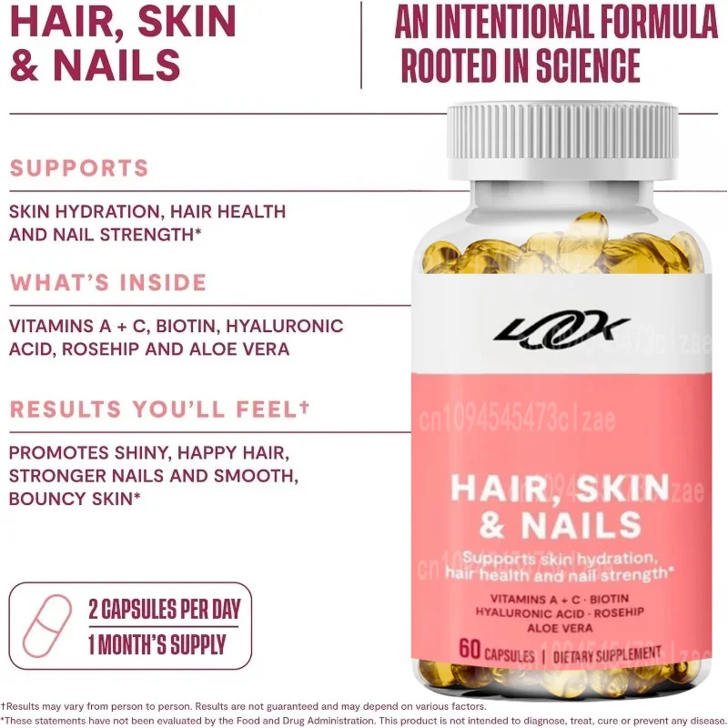 Biotin 2000mcg, Vitamin A and C, Hyaluronic Acid, Rosehip Skin Moisturizing, Hair and Nail Health Support 60 Vegetarian Capsules