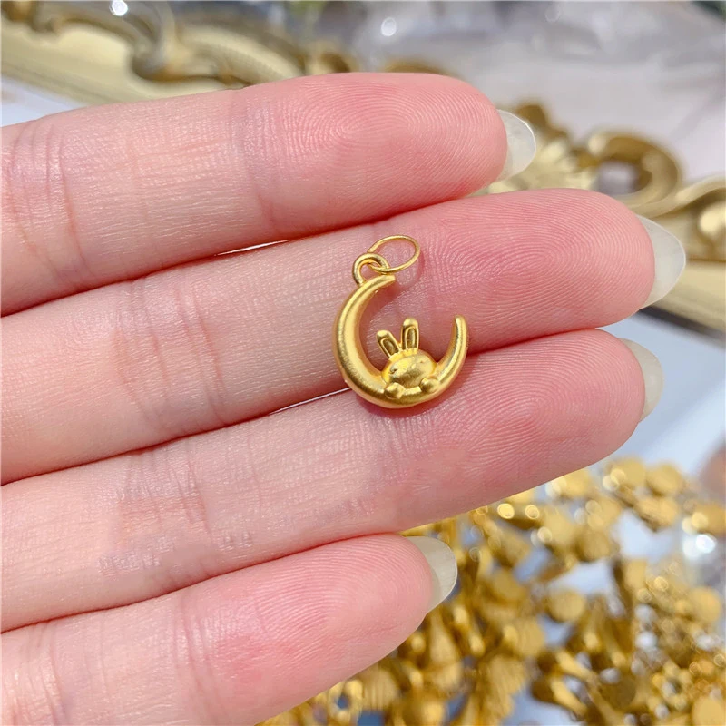 

FINE 999 24K Yellow Gold Pendant Women 999 Gold Bunny Moon Necklace Pendant