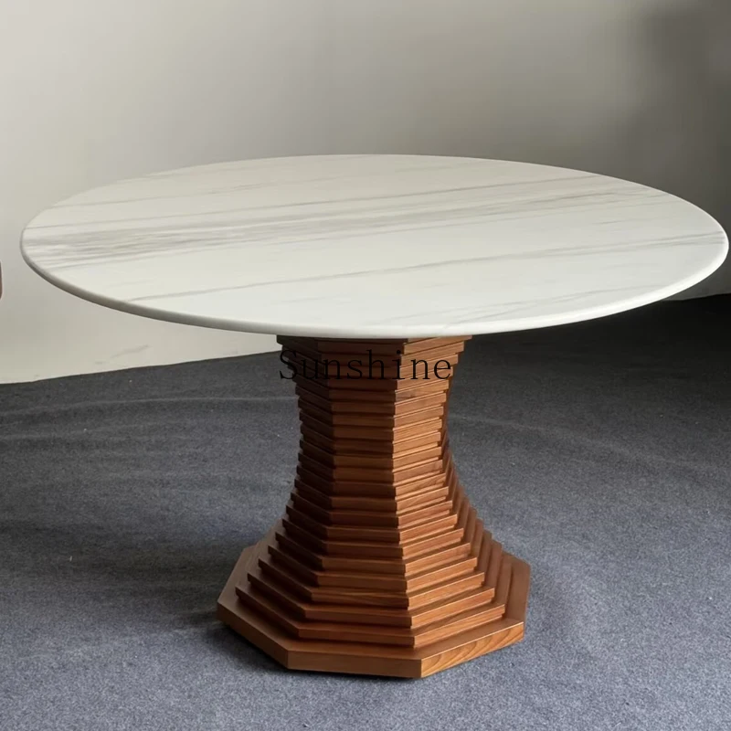 

Medieval, solid wood marble countertop round, simple household carved dining table