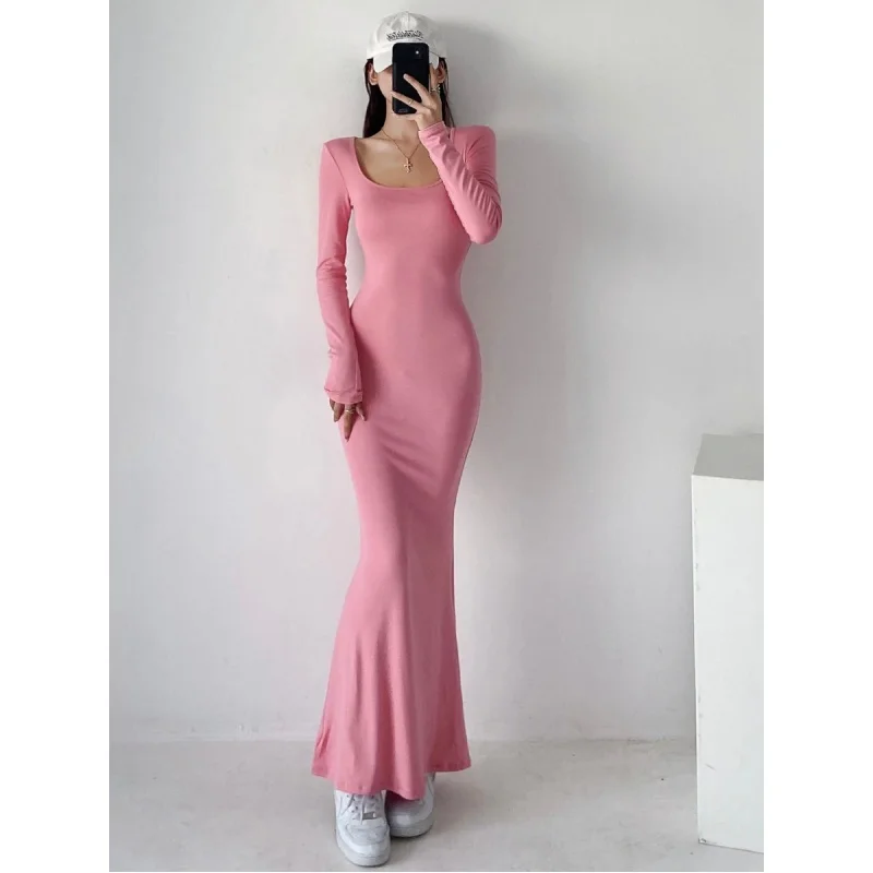 

Fall 2024 New Sexy Pullover Sleeve round Neck Solid Color Sheath One-Step Long Dress