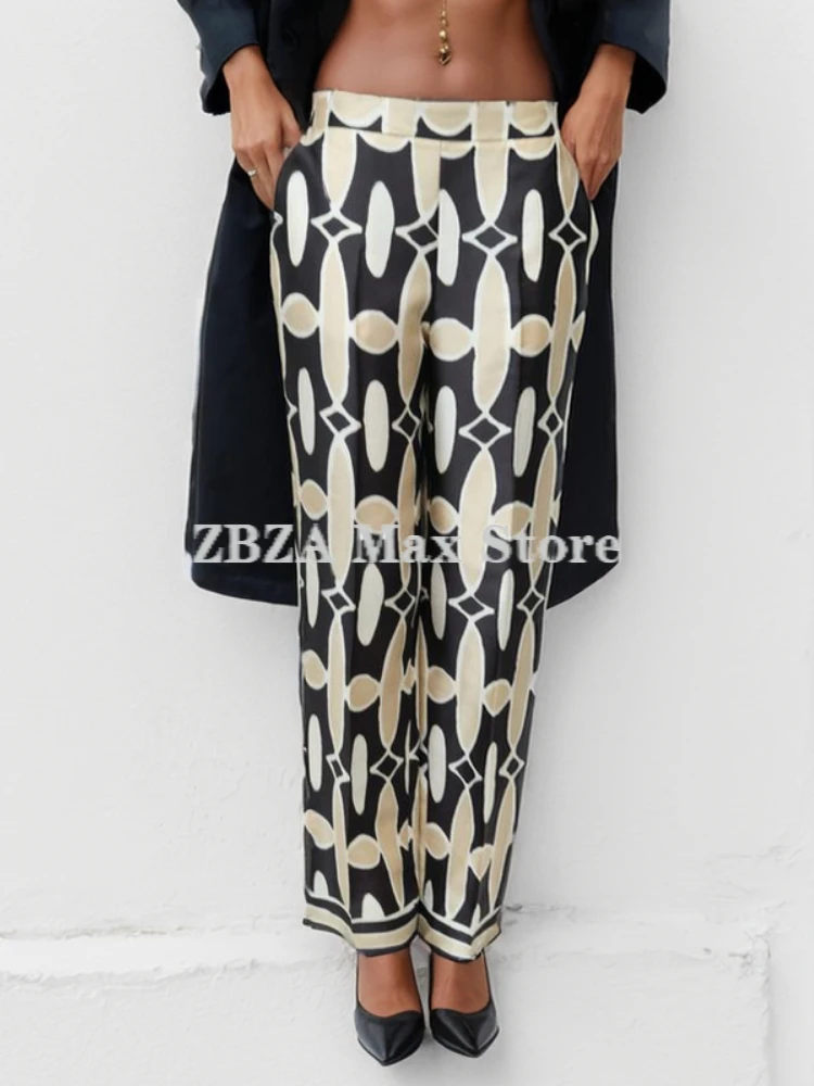 Geometric Print Shirt Pants Suit Women V-neck Button Side Vents Top Hidden Zip High Waist Straight Leg Pants Female Chic Suit