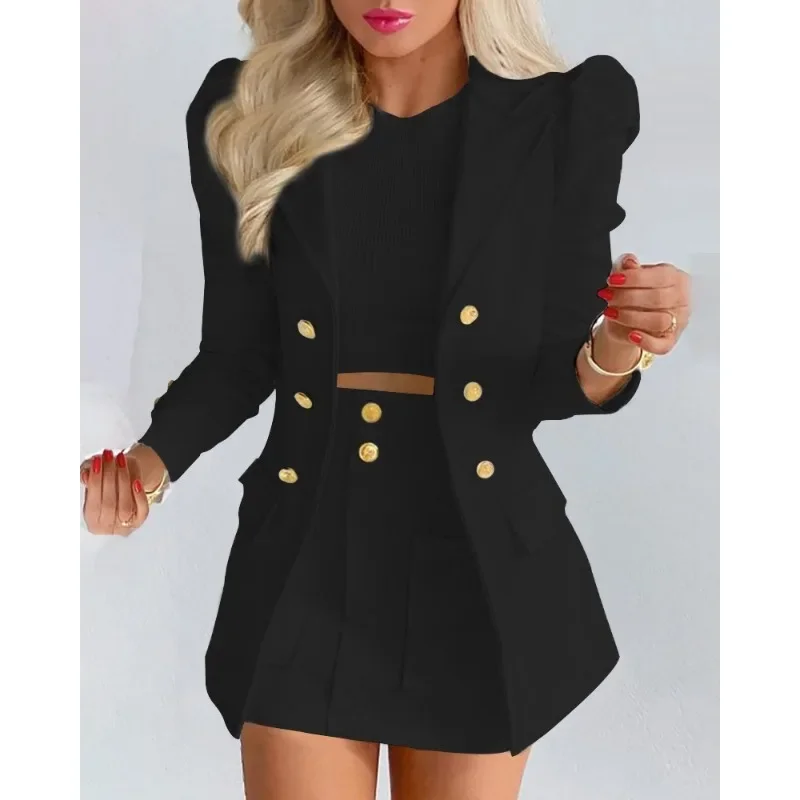 Office Lady Slim Fit Long Sleeve Lapel Double Breasted Jacket Top Pocket Skirt Suit Outfits Elegant Women Blazer Two Piece Set