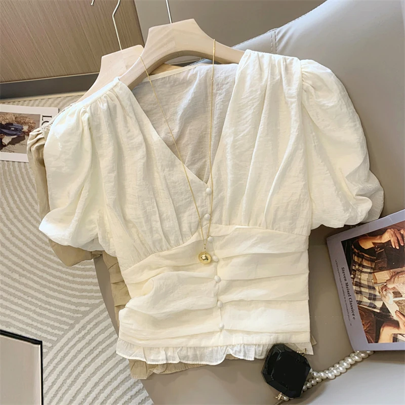 

Overized Women's Blouses Summer Design Sense V-neck Pleated Puff Sleeve Shirt Versatile Slim Fit Shirt Tops for Women