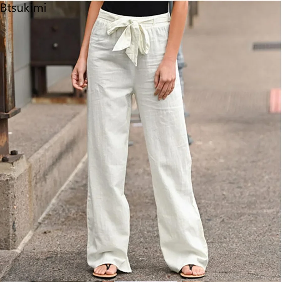 2024 Women's Summer Cotton Linen Pants Solid Elastic Waist Loose Straight Pants Female Ankle-length Trousers Casual Pants S-5XL