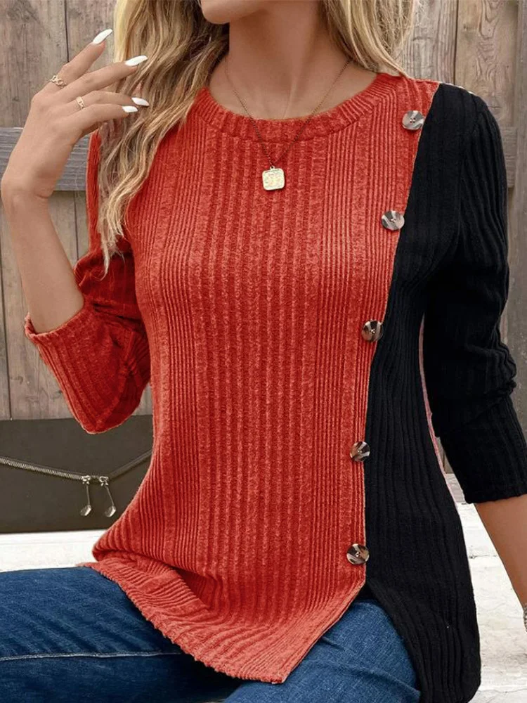 Trendy Round Neck Long Sleeved Top Women's Color Blocked Button T-shirt Daily Casual Comfortable Autumn Top