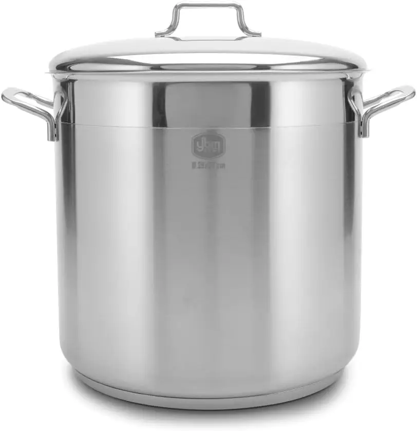 Professional Chef‘s 18/10 Stainless Steel Stock Pot Covered Tri-Ply Capsule Base with Bakelite Handle, Terrific Mirror Silver, I