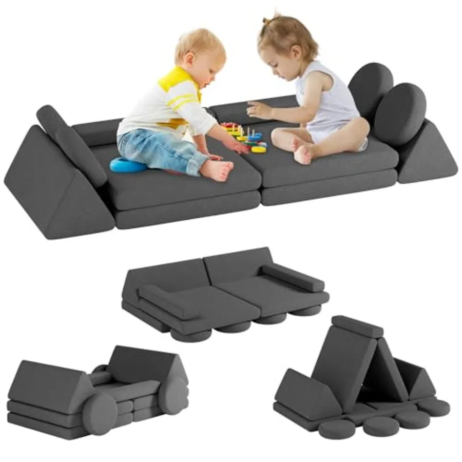 

Modular kids play block couch for bedroom playroom: dark grey foam cushion car-shaped soft and convertible ideal for toddler fo