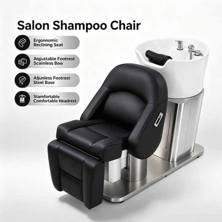 Modern Electric Reclining Shampoo Chair Hair Wash Unit Black PU Leather With Ceramic Sink for Beauty Hair Salon