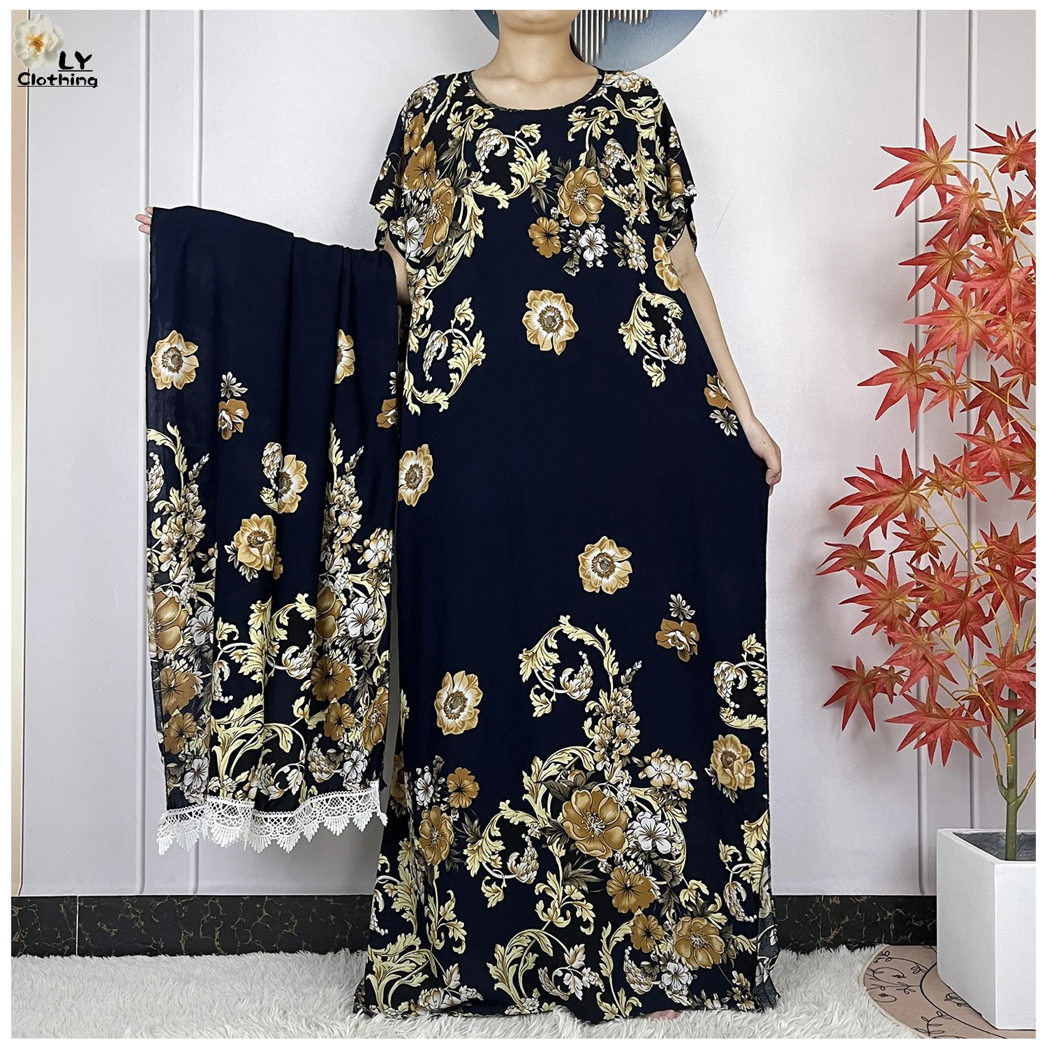 

New Muslim Abayas For Women's Loose Robe Summer Short Sleeve Printed African Dashiki Islamic Woman Dresses 150x80cm Lace Scarf