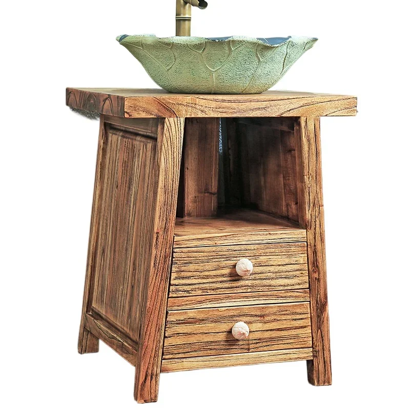 

Modern Chinese Retro Bathroom Cabinet Bathroom Overall Solid Wood Floor Washbasin Cabinet Combined Decoration Washstand