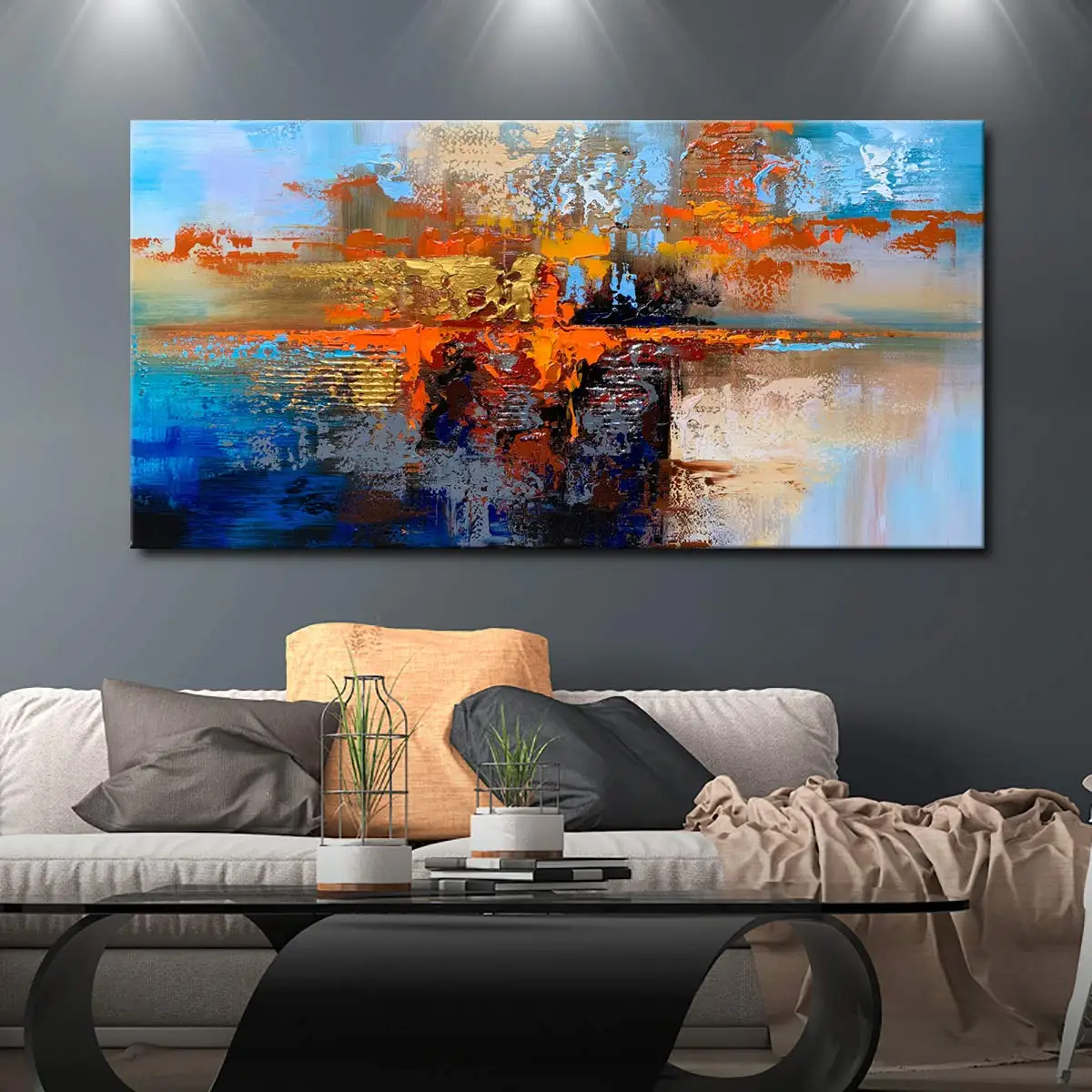 

100% Handmade Abstract textured Oil Painting On Canvas Large Size Blue Orange Artwork For Modern Living Room Wall Decoration