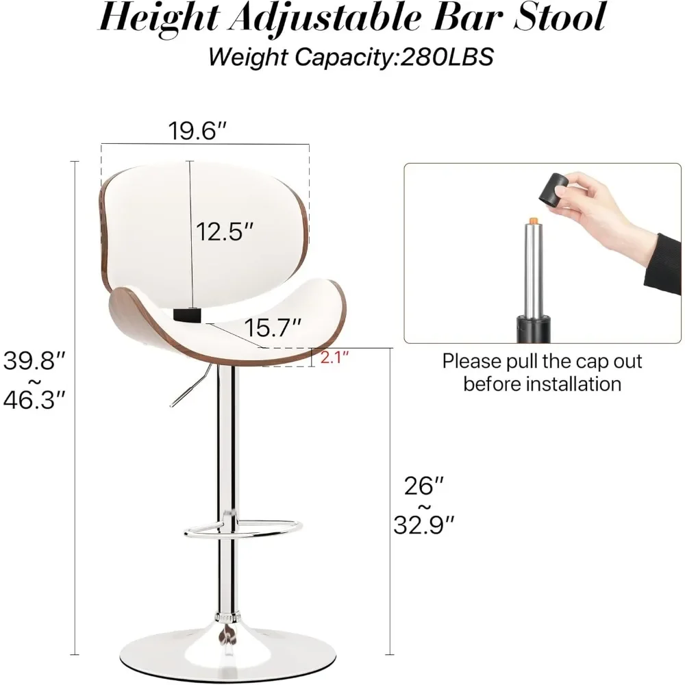 Bar Stools Set of 2, Swivel Adjustable Height, PU Leather Upholstered Bar Chairs with Footrest, Bentwood Bar Stool