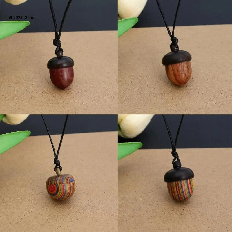 Wooden Acorns Pendant Necklace Choker with Wax Rope Men Women Ethnic Style Storage Pendants Necklaces Jewelry Accessory