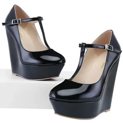 Women Pumps 2026 New Autumn Winter 14cm Round Toes Platform Wedge High Heels T-Strap Gladiator Ladies Dress Party Wedding Shoes