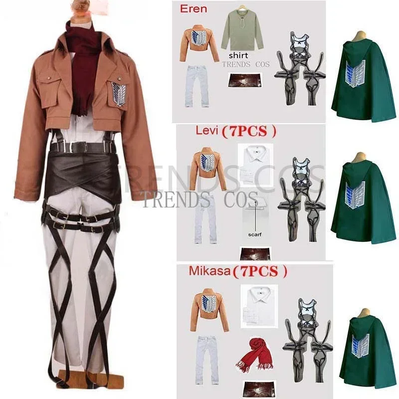 A Male/Female Mikasa Cosplay Costume Eren Jaeger Outfits Levi Ackerman Hange Cosplay Costume Full Set Shirt Pant Cape Scarf