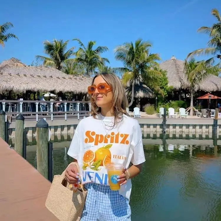 European And American Hot Girl Retro Summer Outfit With Orange Fruit Print Loose Short Sleeved Women's Pure Cotton T-Shirt