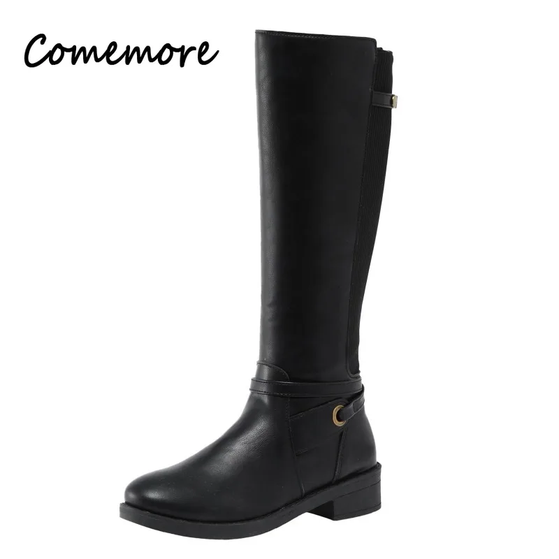 Comemore Women\'s Buckle Long Knight Boots Female Combat Boots Women Low Heels Shoes Plus Size Women Zip Leather Knee High Boots