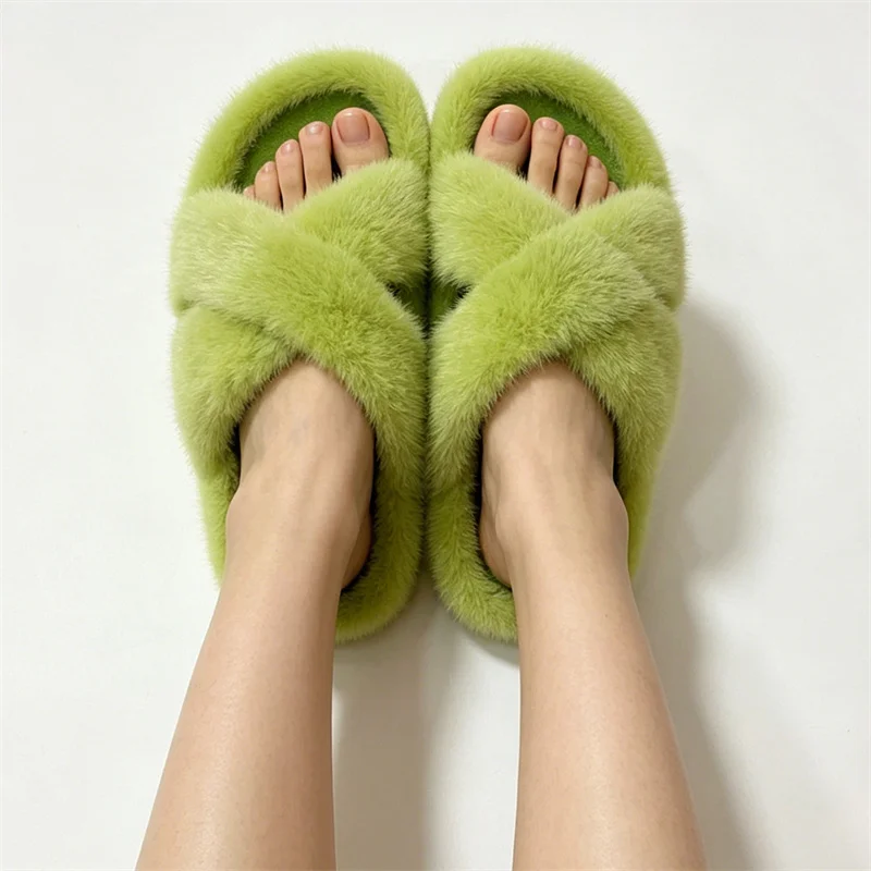 Women's Cross Band Fur Slippers Mink Indoor Furry Fuzzy Open Toe Mink Fur Slipper Home Cozy Slides Non Slip Shoes for Woman