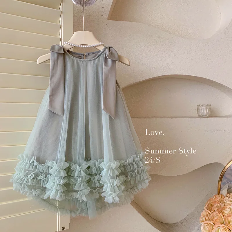 2025 Summer Korean Edition Girls New Sleeveless Bow Solid Color Sweet and Gentle Princess Dress Childrens Trend