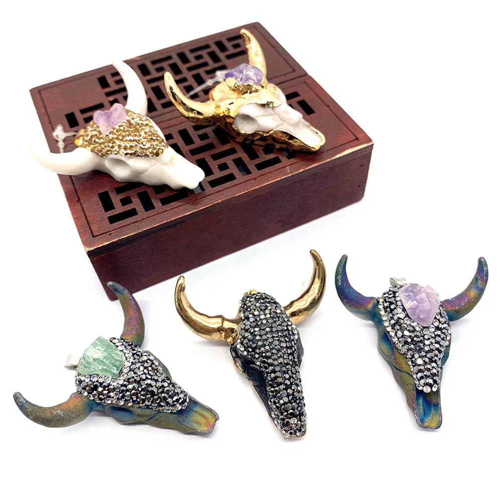 Skull Bull Pendants Natural Stones Acrylic Vintage  Ethnic Multicolor Bull Head For DIY Jewelry Making Size 45x46mm Gift