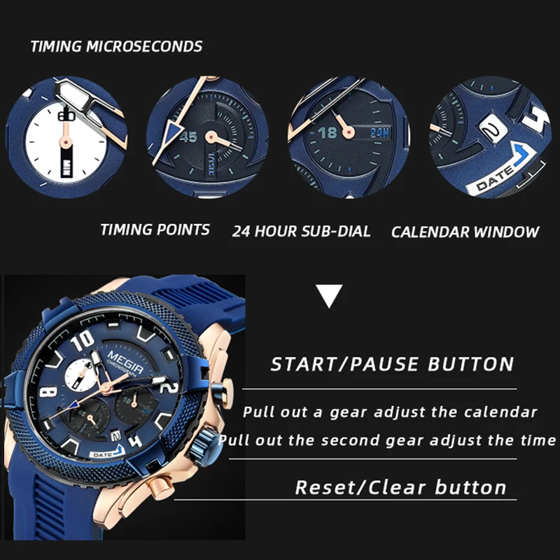 MEGIR Fashion Mens Watches Calendar Chronograph Waterproof Wristwatch Black Silicone Strap Sport Quartz Watch