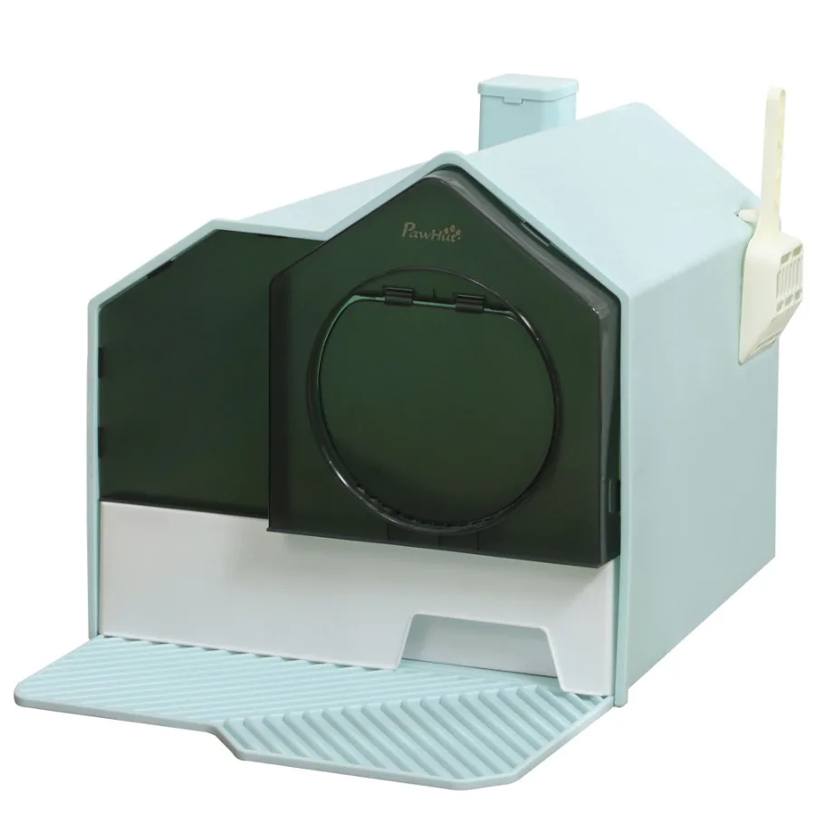 

Hooded Cat Litter Box with Mat Particle Catching Easy Clean Light Blue